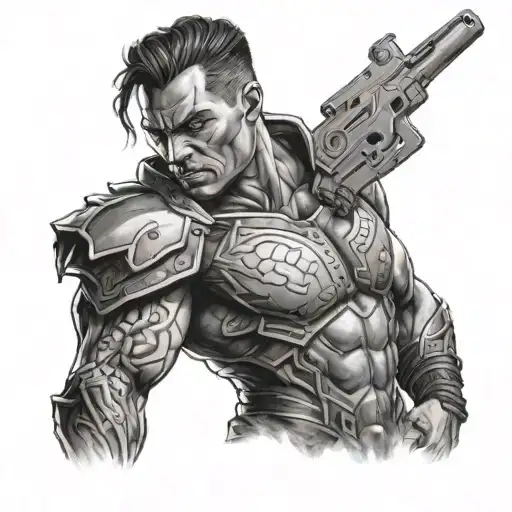 A Realistic Black And Grey Portrait Of A Powerful Game Character