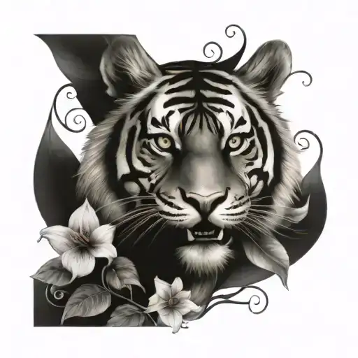 Half Mad Tiger With Flowers And Leafs