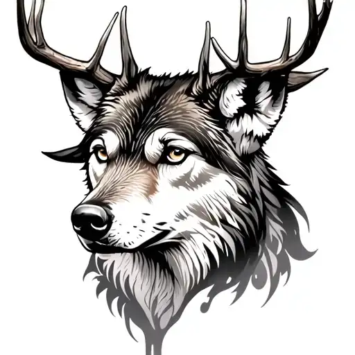 Wolf And Deer Head And Antlers Femine