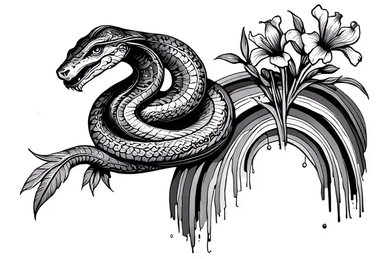 Aztec Feathered Snake On A Rainbow Holding Iris Flowers Growing