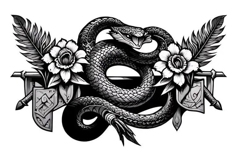 Aztec Feathered Snake On A Rainbow Holding Iris Flowers With Aztec Shields And Swords