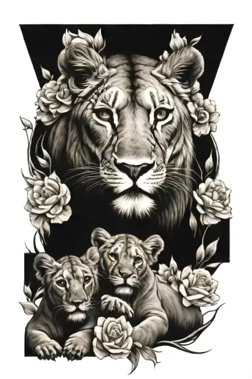 Mother Lioness With Three Cubs Surrounded By Flowers