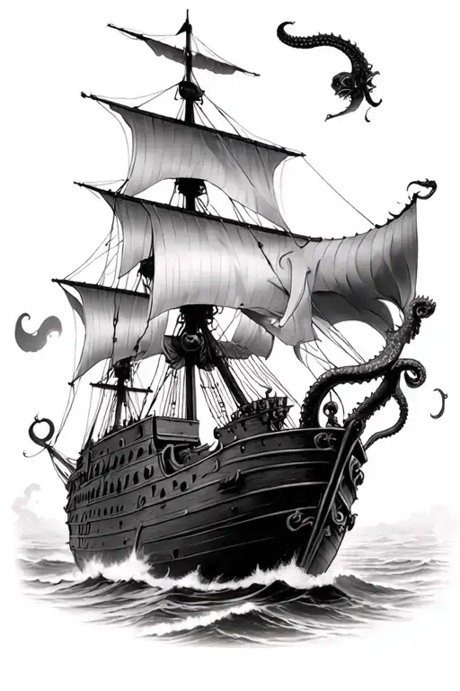 Realistic Pirate Ship With A Kraken Attacking Pirate Ship
