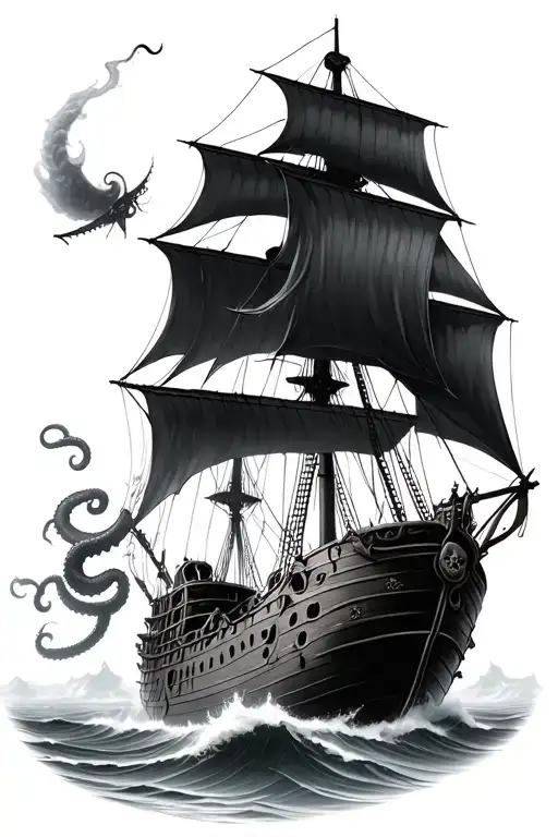 Realistic Pirate Ship With A Kraken Underwater Attacking Pirate Ship