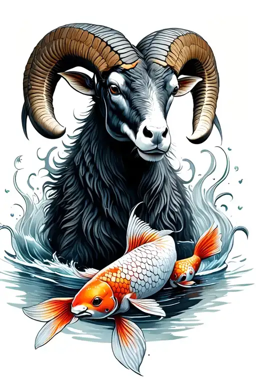 Ram With 2 Koi Fish Circling The Ram Water Background