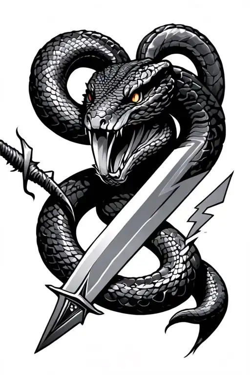 Snake With Sword And Lightning Bolts
