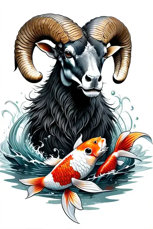 Ram With 2 Koi Fish Circling The Ram Water Background