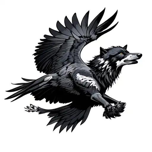 Wolf And Raven Flying