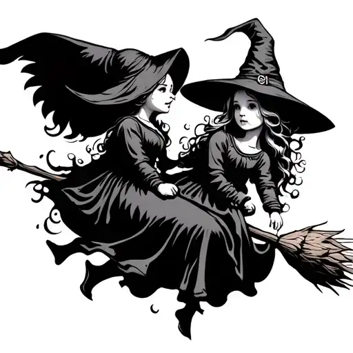 Mom And Daughter Witches On A Broom Stick Flying