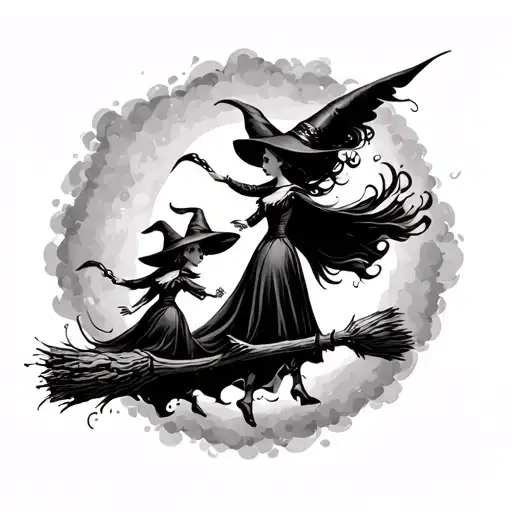 Mom And Daughter Witches On A Broom Stick Flying Away