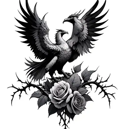 Two Phoenix Rising From The Dust While There Is A Vine With A Roses And Spikes