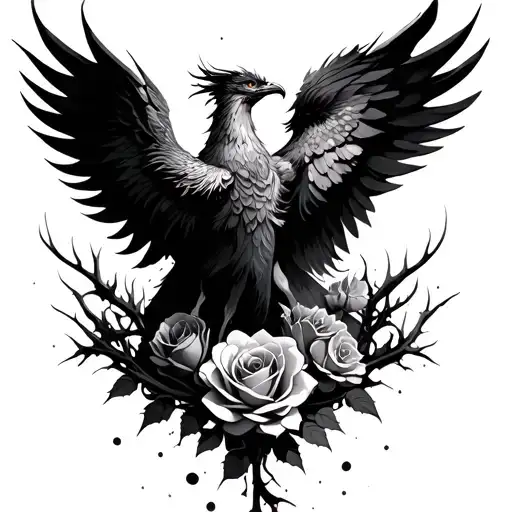 Two Phoenix Rising From The Dust While There Is A Vine With A Roses And Spikes