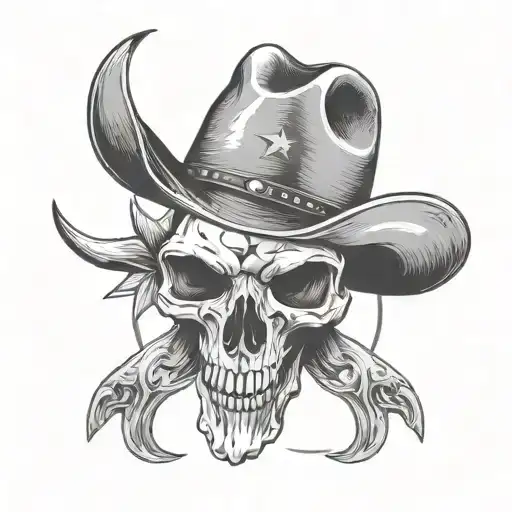 Texas Long Horn Skull Wearing A Cowboy Hat With The Texas Star On The Hat