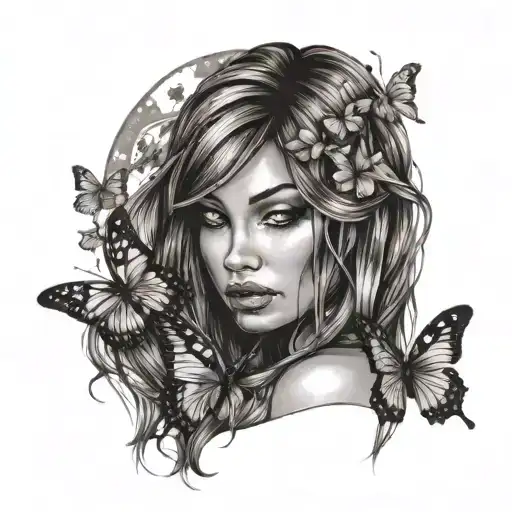 Brown Girl With Long Hair Flowing With Butterflies Looking To The Moon