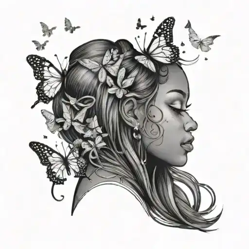 Black Girl With Long Hair With Butterflies Looking To The Moon