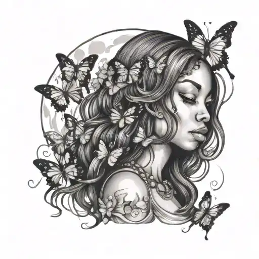 Black Girl With Long Hair With Butterflies Looking Up To The Moon