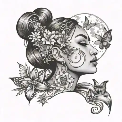 Beautiful Ethnic Lady Looking Up To The Moon And Stars Flowers And Butterflies