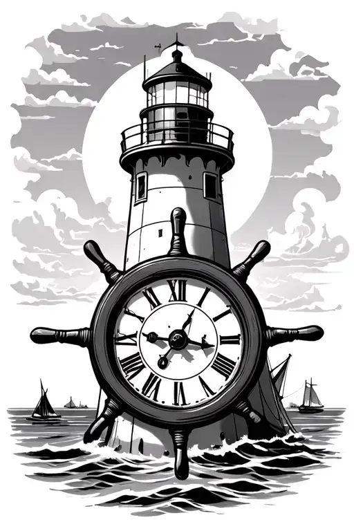 Ships Wheel With Clock Inside On A Lighthouse
