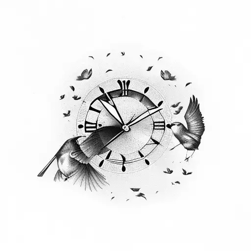 Rose Clock Clouds Birds Woman