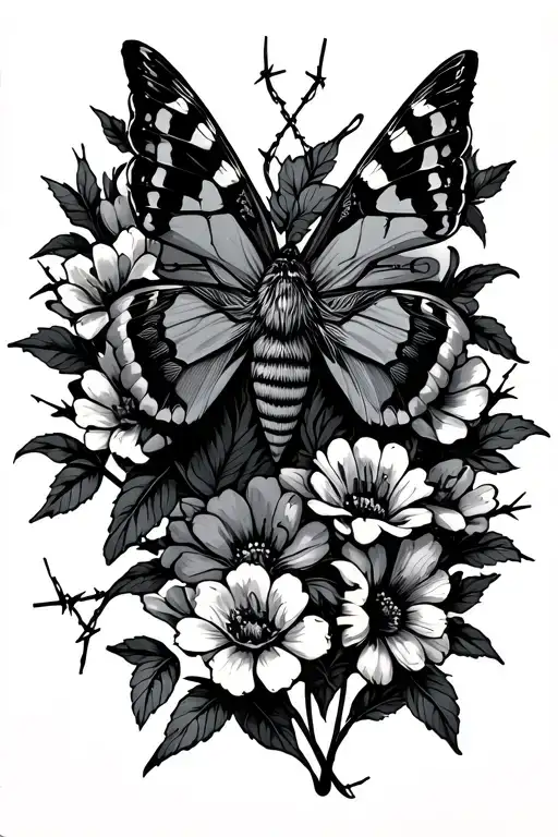 Moth And Flowers And Barbed Wire