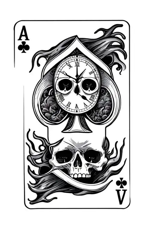 Playing Cards With A Ace Of Spades And A Clock Skulles And Flames