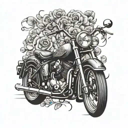 Design A Black-grey Tattoo Of A Vintage Motorcycle With Intricate Floral Patterns On The Body