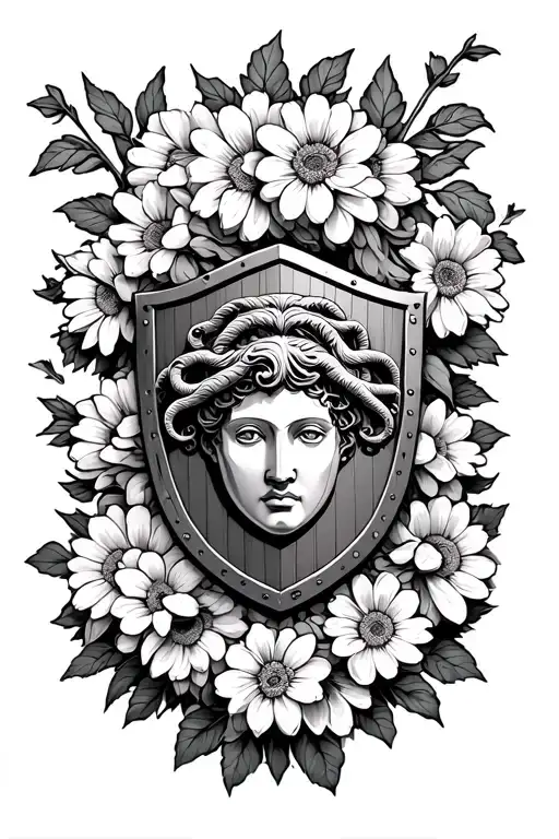 A Greek Shield With A Medusa Emblem Surrounded By Chrysanthemum Flowers