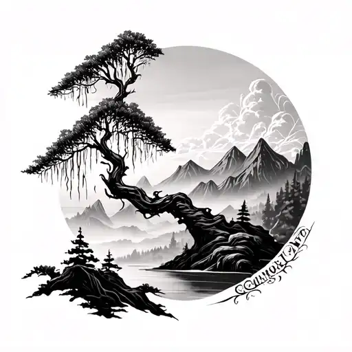 Men's Sleeve With A Weeping Willow Tree And Filigree Style And Mountain Scape
