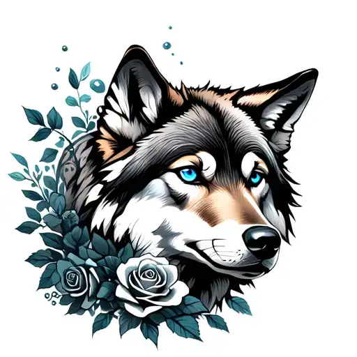 Wolf With Blue Eyes Surrounded By Nature Water Time Roses Some Red