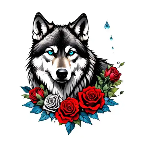 Wolf With Blue Eyes Surrounded By Nature Water Clock Roses Some Red