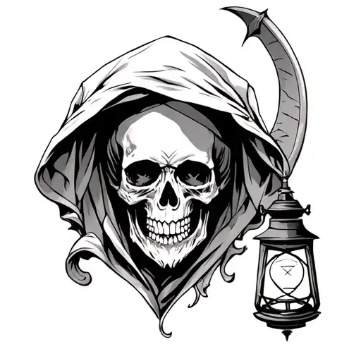 Side Skull With Hood And Sickle And Lantern In Hand