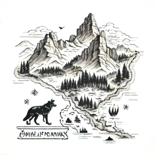 A Vintage Map With A Trail Of Wolf Paw Prints Leading Through Various Mountain Ranges