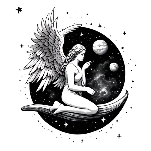 Angel Kneeling On Moon With Planets Stars And Nebulas