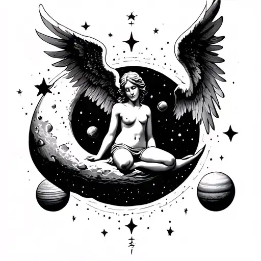 Angel Kneeling On Moon With Planets And Stars Surrounding
