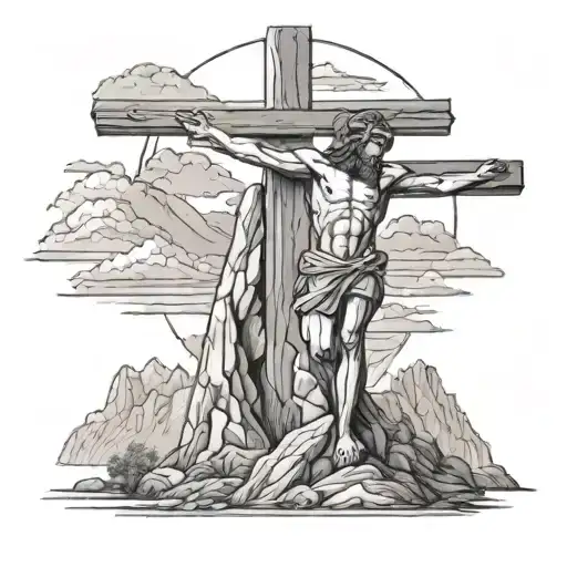 A Detailed Illustration Of The Crucifixion Of Christ With A Mountain Range In The Background