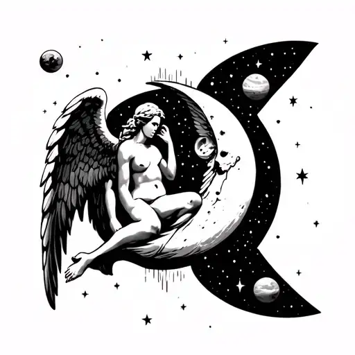 Angel Kneeling With Knee On Moon With Planets And Stars Surrounding