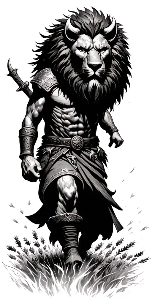 Viking Berserker Wearing A Lion's Head Hat Charging Through A Field Of Burning Heather