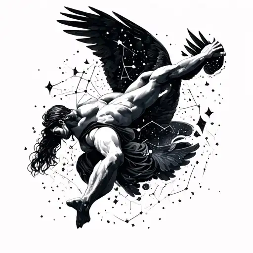 Icarus Falling From The Sky Filled With Constellations