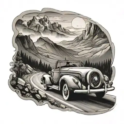 A Vintage Car Driving Through A Scenic Mountain Pass