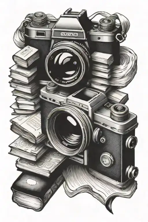 A Tattoo Design Of A Camera Surrounded By Books To Symbolize Your Love For Photography And Reading