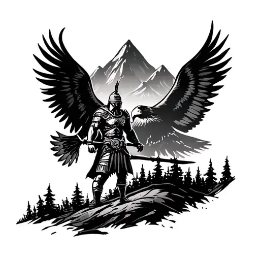 Gladiator In Mountain Forest With Eagle In Background