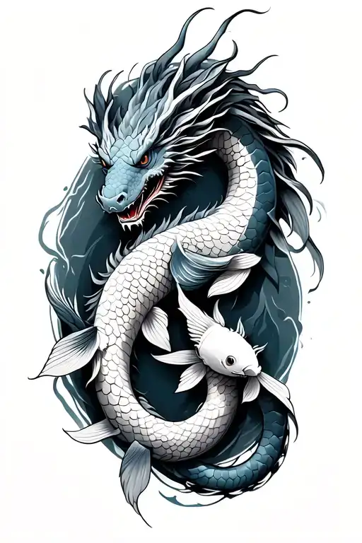 Dragon With 2 Koi Fish Swimming