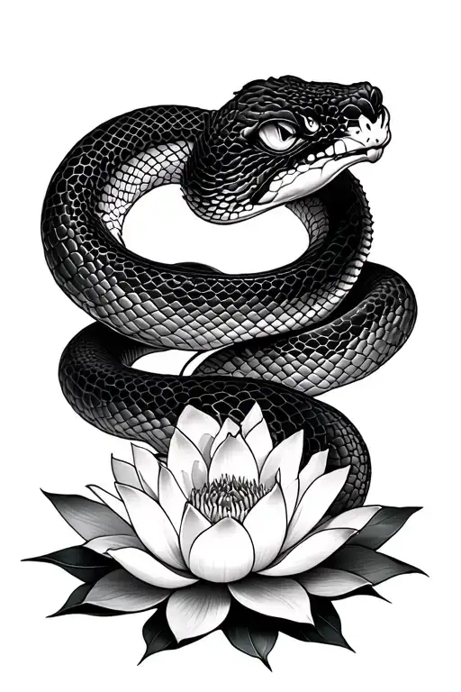 Snake And Lotus Flower Blooming
