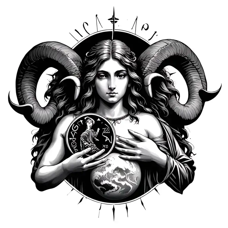 Aries Goddess Holding Mars With Zodiac Sign Incorporated