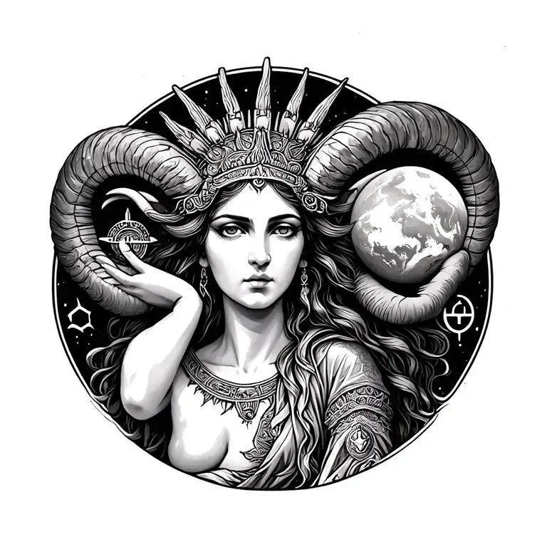 Aries Sun Goddess Holding Mars With Zodiac Sign Incorporated