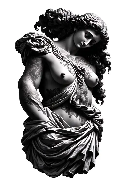 Roman Statue Torso With Tattoos And Sexy Woman