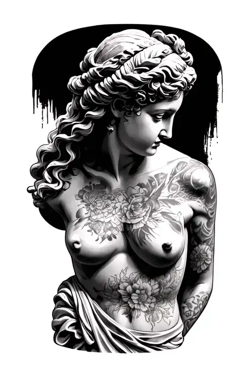 Roman Statue Torso With Tattoos And Sexy Woman