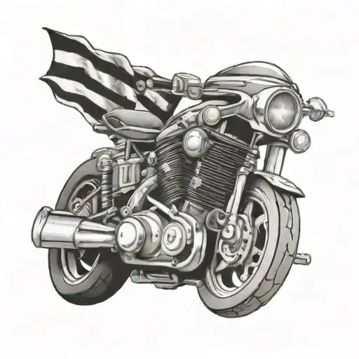 A Black And Grey Tattoo Of A Motorcycle Engine With A Waving Flag Design