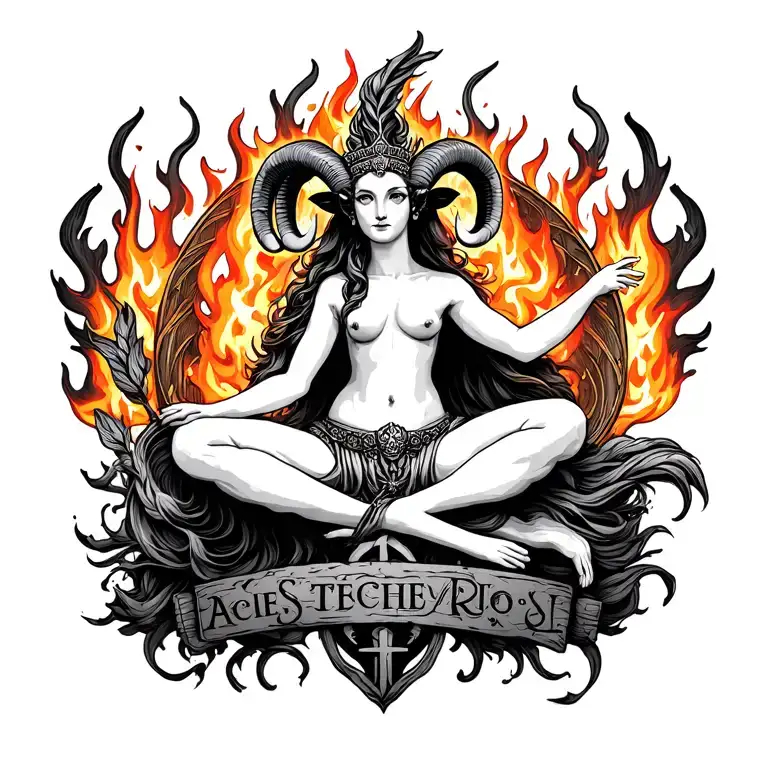 Aries Goddess Surrounded By Fire With Sign Incorporated And A Ram