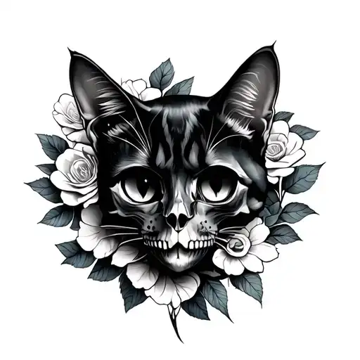 Skull Cat And Flowers
